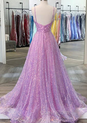 Unique Evening Prom Dresses, A-line V Neck Spaghetti Straps Sweep Train Sequined Evening Prom Dresses With Pleated