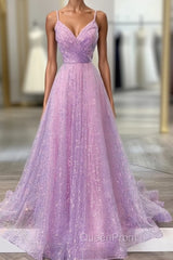Unique Evening Prom Dresses, A-line V Neck Spaghetti Straps Sweep Train Sequined Evening Prom Dresses With Pleated