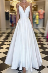 A Line V Neck Spaghetti Straps White Evening Prom Dresses, V Neck White Formal Graduation Evening Dresses