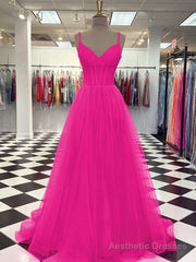 A-line V-neck Sweep Train Tulle Dress