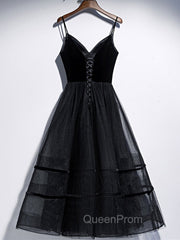 A Line V Neck Tea Length Black Velvet Evening Prom Dresses, Black Tea Length Graduation Homecoming Dresses
