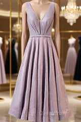 A Line V Neck Tea Length Evening Prom Dresses, Shiny Tea Length Formal Evening Dresses