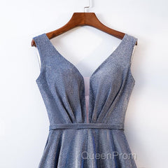 A Line V Neck Tea Length Evening Prom Dresses, Shiny Tea Length Formal Evening Dresses