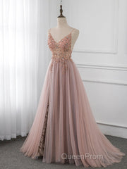 A-Line V Neck Tulle Beading Pink Long Evening Prom Dresses. Pink Formal Dresses