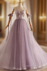 A-Line V Neck Tulle Beads Purple Long Evening Prom Dresses, Purple Long Formal Dresses