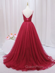 A-Line V Neck Tulle Burgundy Long Evening Prom Dresses, Burgundy Evening Dresses