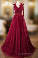 A-Line V Neck Tulle Burgundy Long Evening Prom Dresses, Burgundy Long Evening Dresses