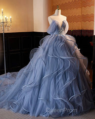 A-Line V Neck Tulle Lace Gray Blue Long Evening Prom Dresses, Blue Long Sweet 16 Dresses