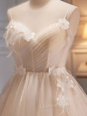 A-Line V Neck Tulle Light Champagne Short Evening Prom Dresses, Champagne Homecoming Dresses