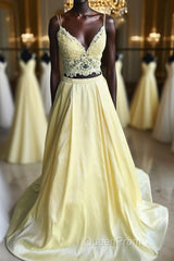A Line V Neck Two Pieces Lace Top Yellow Evening Prom Dresses, Two Pieces Yellow Formal Dresses, Yellow Lace Evening Dresses