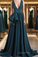 A Line V Neck V Back Green Satin Long Evening Prom Dresses, Long Green Formal Evening Dresses