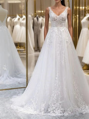 A Line V Neck White Lace Long Evening Prom Dresses, White Lace Wedding Dresses, White Formal Evening Dresses A1801