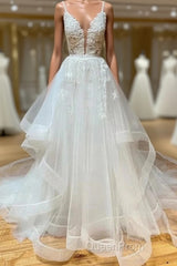 A Line V Neck White Lace Long Ruffles Wedding Dresses