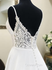 A Line V Neck White Wedding Dresses with Lace Back, White V Neck Evening Prom Formal Dresses