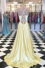 A Line V Neck Yellow Long Evening Prom Dresses, Yellow Long Backless Formal Evening Dresses