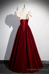 A-Line Velvet Floor Length Prom Dress, Burgundy Off the Shoulder Evening Party Dress