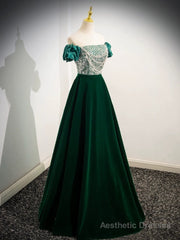 A-Line Velvet Sequin Beads Green Long Prom Dress, Green Velvet Long Formal Dress
