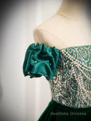 A-Line Velvet Sequin Beads Green Long Prom Dress, Velvet Green Long Formal Dress