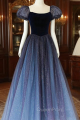 A-Line Velvet Tulle Long Evening Prom Dresses, Cute Short Sleeve Evening Party Dresses