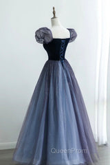 A-Line Velvet Tulle Long Evening Prom Dresses, Cute Short Sleeve Evening Party Dresses