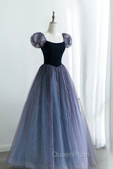 A-Line Velvet Tulle Long Evening Prom Dresses, Cute Short Sleeve Evening Party Dresses
