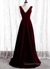 A-Line Velvet V-Neckline Sleeveless Long Party Dresses Evening Prom Dresses Bridesmaid Dresses
