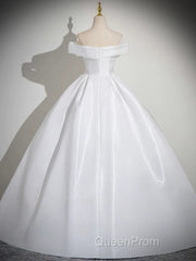 A-Line White Satin Long Evening Prom Dresses, White Long Formal Dresses
