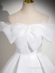 A-Line White Satin Long Evening Prom Dresses, White Long Formal Dresses