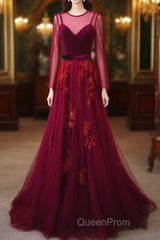 A-Line Wine Red Velvet And Tulle Long Party Dresses, Wine Red Evening Dresses Evening Prom Dresses
