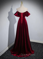 A-Line Wine Red Velvet Sweetheart Wedding Party Dresses, Wine Red Velvet Evening Prom Dresses