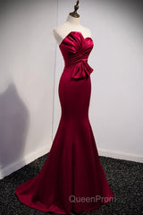 A Noble And Minimalist Wine Red Sleeveless Off Shoulder Ball Dresses With Wine Red Strapless Backless Straps And Ground Length Fishtail Evening Dresses
