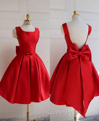 Cute A Line Satin Short Evening Prom Dresses, With Bow Evenig Dresses