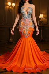 Orange Sleeveless Illusion Mermaid Evening Prom Dresses With Beadings and Feather