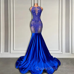 Sleeveless Royal Blue Scoop Neck Mermaid Evening Prom Dresses with Beadings