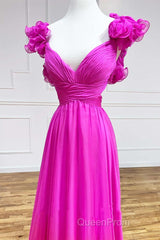 Lace-Up Fuchsia V-Neck Ruffle Pleated Long Evening Prom Dresses