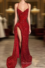 Red Sequins Evening Prom Dresses with Slit Shiny Floor-Length Party Dresses