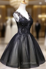 Adorable Black V-neckline Lace and Tulle Party Dresses, Short Evening Prom Dresses