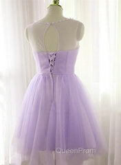 Adorable Light Purple Round Neckline Beaded Short Evening Prom Dresses, Cute Homecoming Dresses