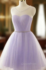 Adorable Light Purple Round Neckline Beaded Short Evening Prom Dresses, Cute Homecoming Dresses