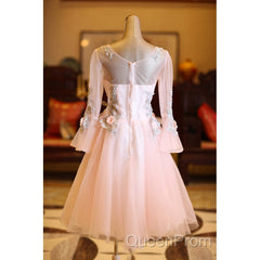 Adorable Pink Tulle Knee Length Long Sleeves Party Dresses, Pink Homecoming Dresses