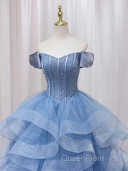 Adult Dresses A-Line Blue Sheer Long Ball Dresses Blue Sweet Dresses Off Shoulder Evening Prom Dresses