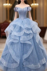 Adult Dresses A-Line Blue Sheer Long Ball Dresses Blue Sweet Dresses Off Shoulder Evening Prom Dresses
