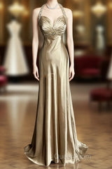 Aesthetic A Line Halter Neckline Champagne Satin Evening Prom Dresses Ruffle Long Party Dresses