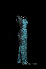 Aesthetic Mermaid Square Neckline Blue Taffeta Evening Prom Dresses Ruffle Long Party Dresses