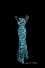 Aesthetic Mermaid Square Neckline Blue Taffeta Evening Prom Dresses Ruffle Long Party Dresses