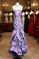 Aesthetic Mermaid Strapless Neckline Grape Taffeta Evening Prom Dresses Ruffle Long Party Dresses