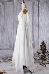 Affordable A-line Asymmetric Lace Chiffon Open Back Wedding Dresses