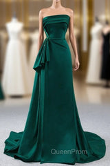 Affordable A-Line Dark Green Satin Strapless Pleats Beading Evening Prom Dresses