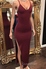 Affordable Long Mermaid Sleeveless V-neck Evening Prom Dresses with Slit