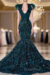 African Black Girls Court Train Feather V Neck Sexy Formal Party Gowns Evening Prom Dresses